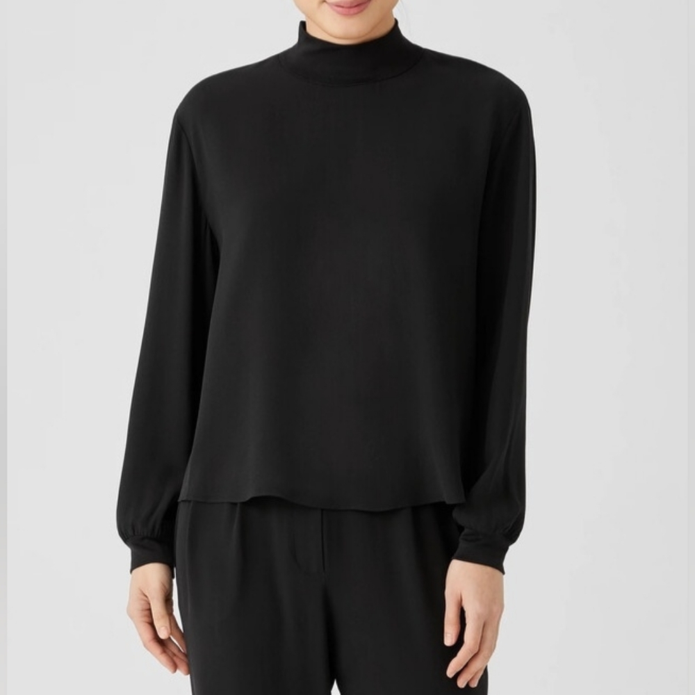 Eileen Fisher Blouse Black 100% Silk Georgette Mock Neck Long Sleeve Size XXS